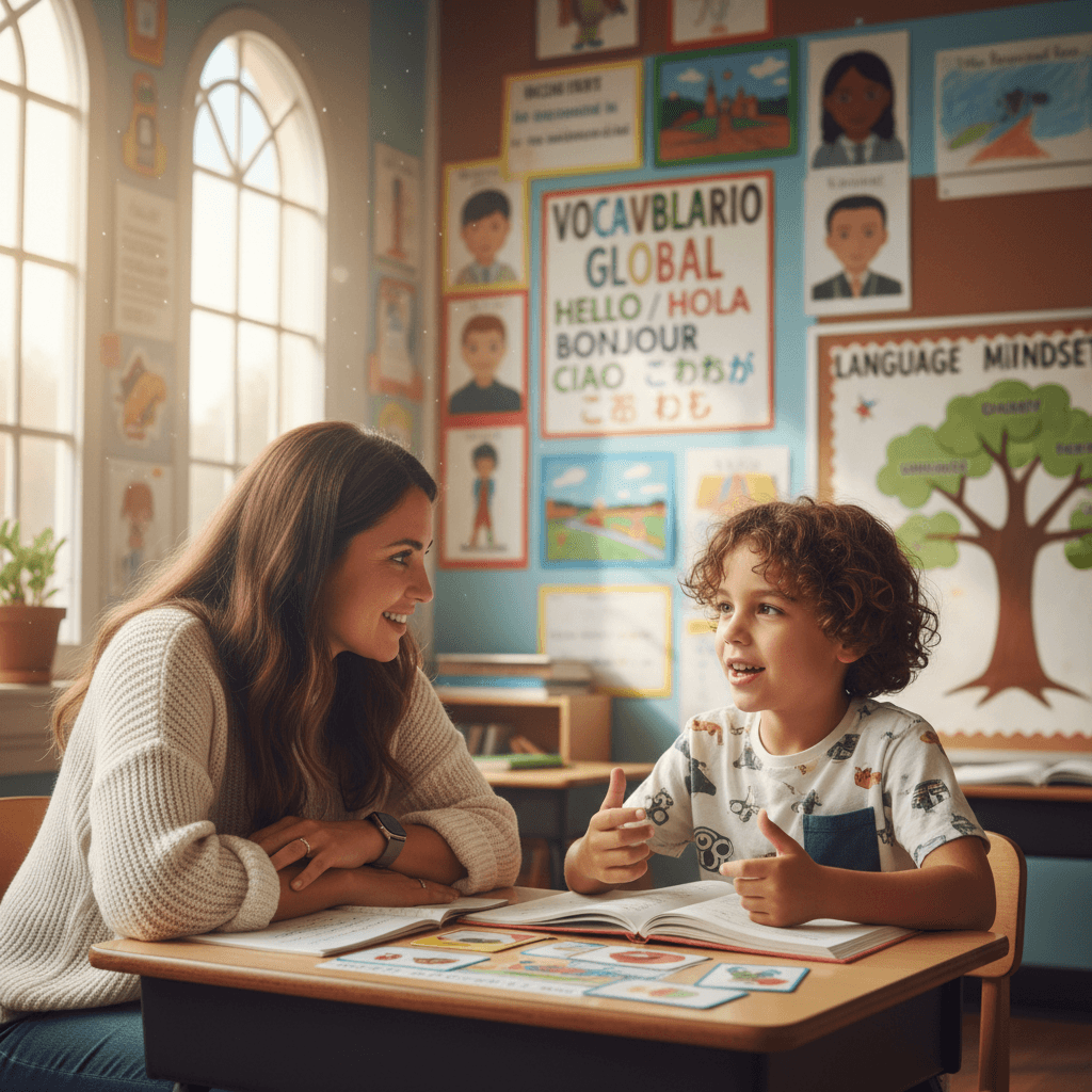 Ms. Roman listens attentively to a student during ESL instruction
