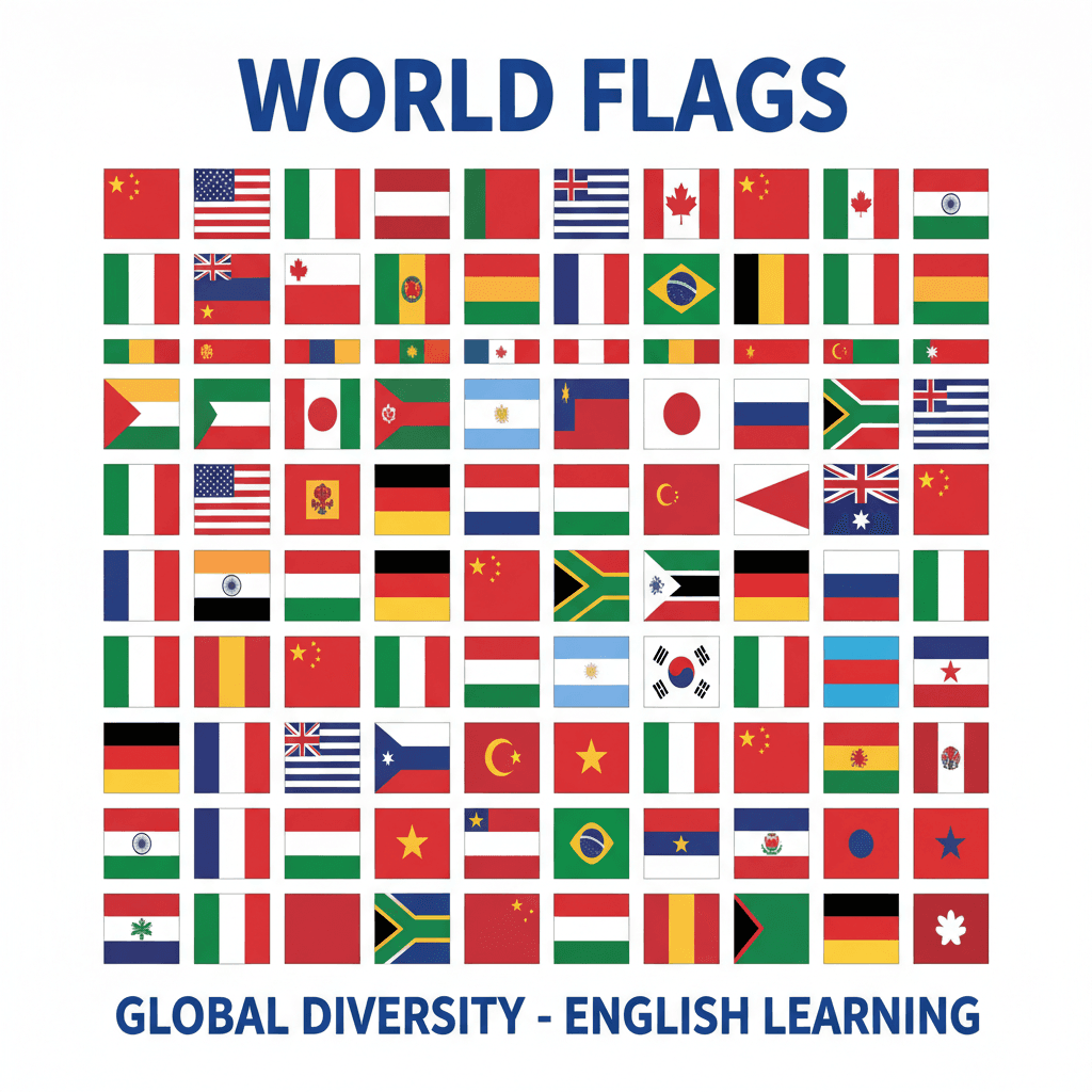 Poster featuring vibrant collection of world flags in a grid format, symbolizing global diversity
