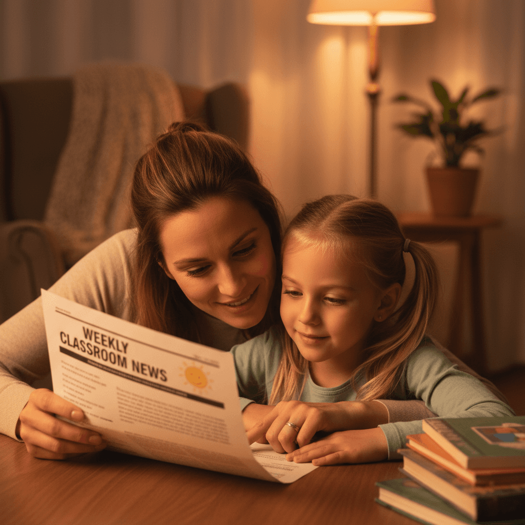 Family reviewing ESL program materials and home support information together