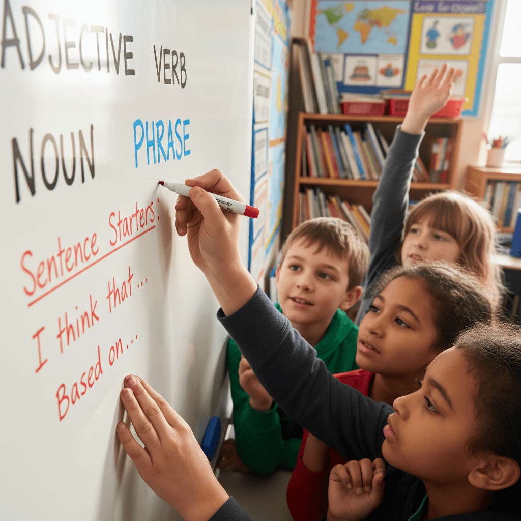 Teacher providing vocabulary support to students