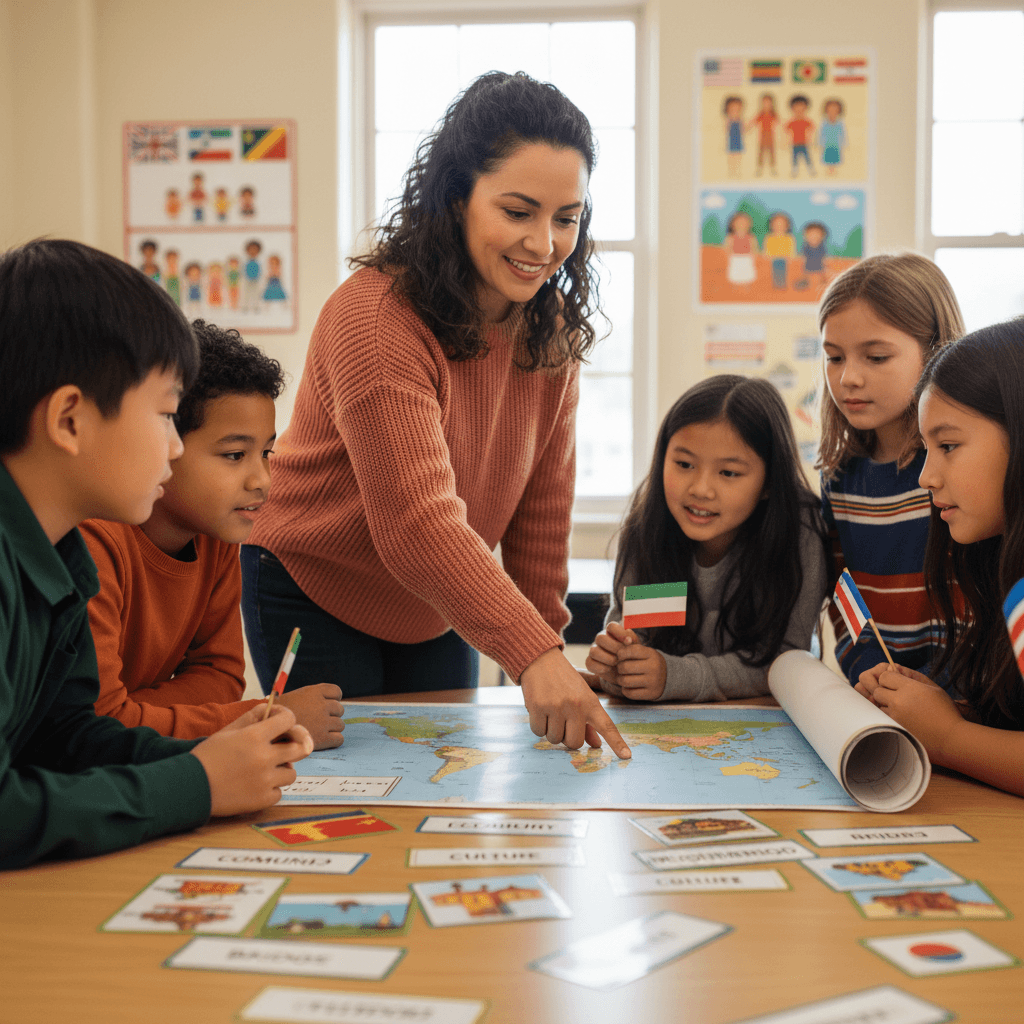 ESL teacher instructing diverse students with vocabulary and community learning materials