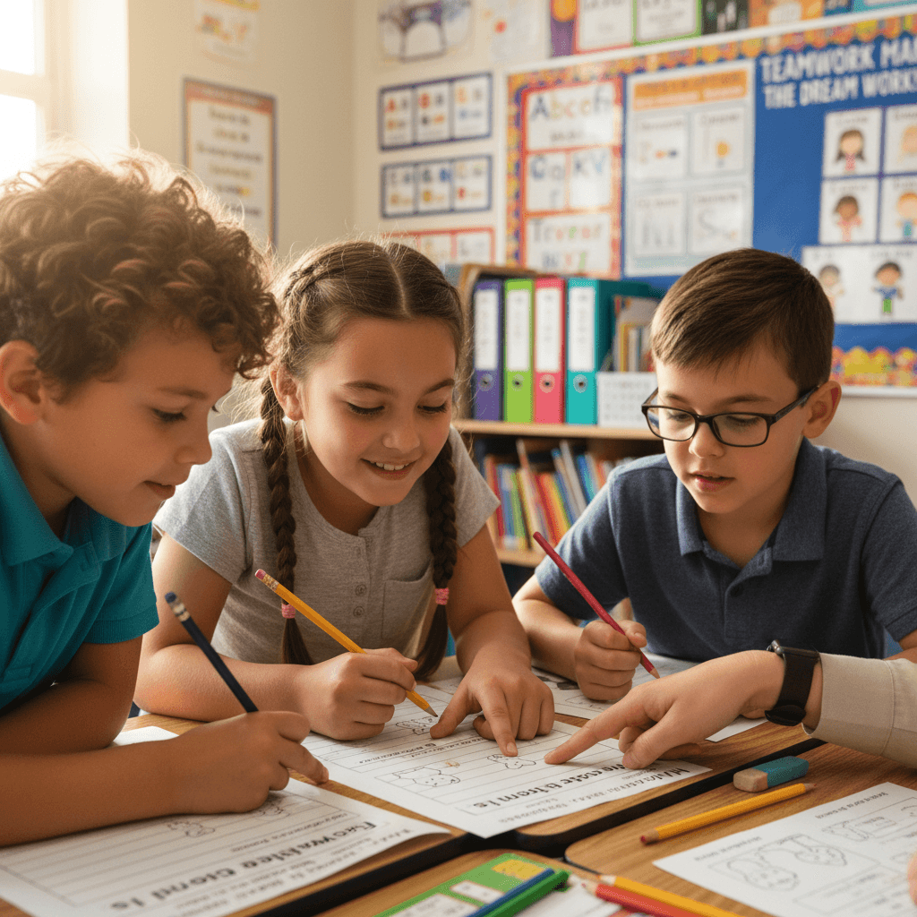 Elementary students collaborating on reading and writing skills with teacher support