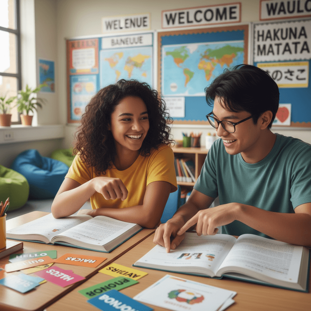 Students collaborating on language learning activities