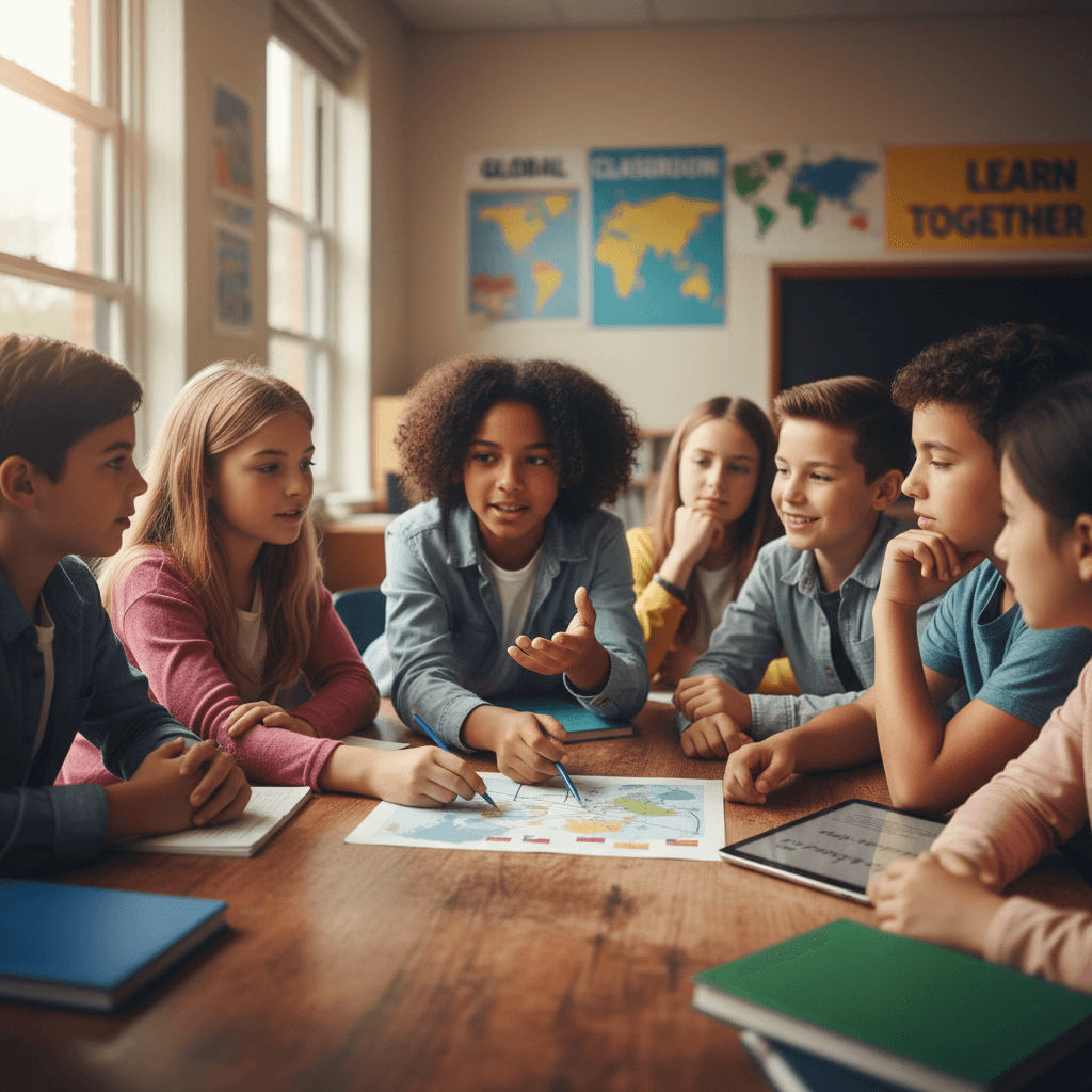 Students collaborating on ESL lesson