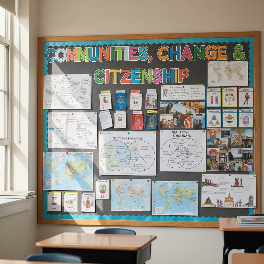 Classroom display of Communities, Change & Citizenship unit