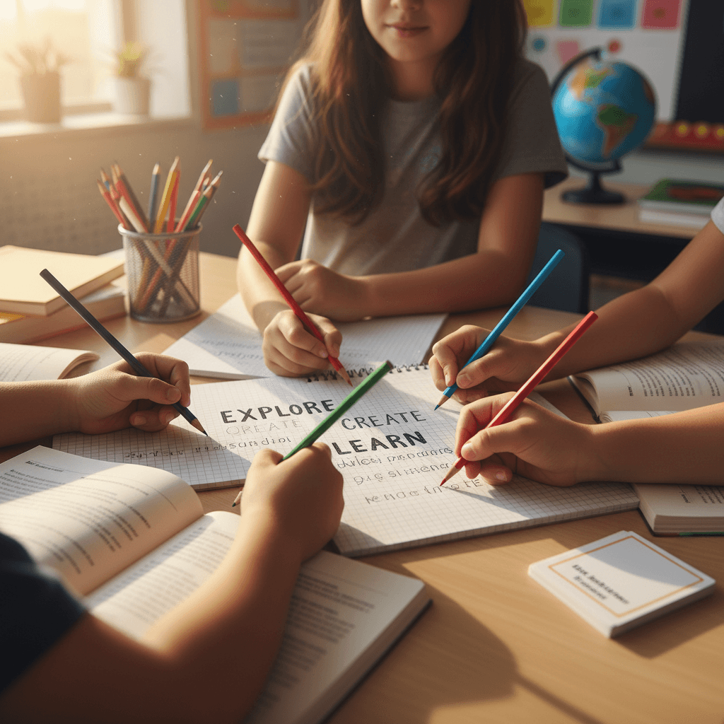 Students collaborating on English language writing activity