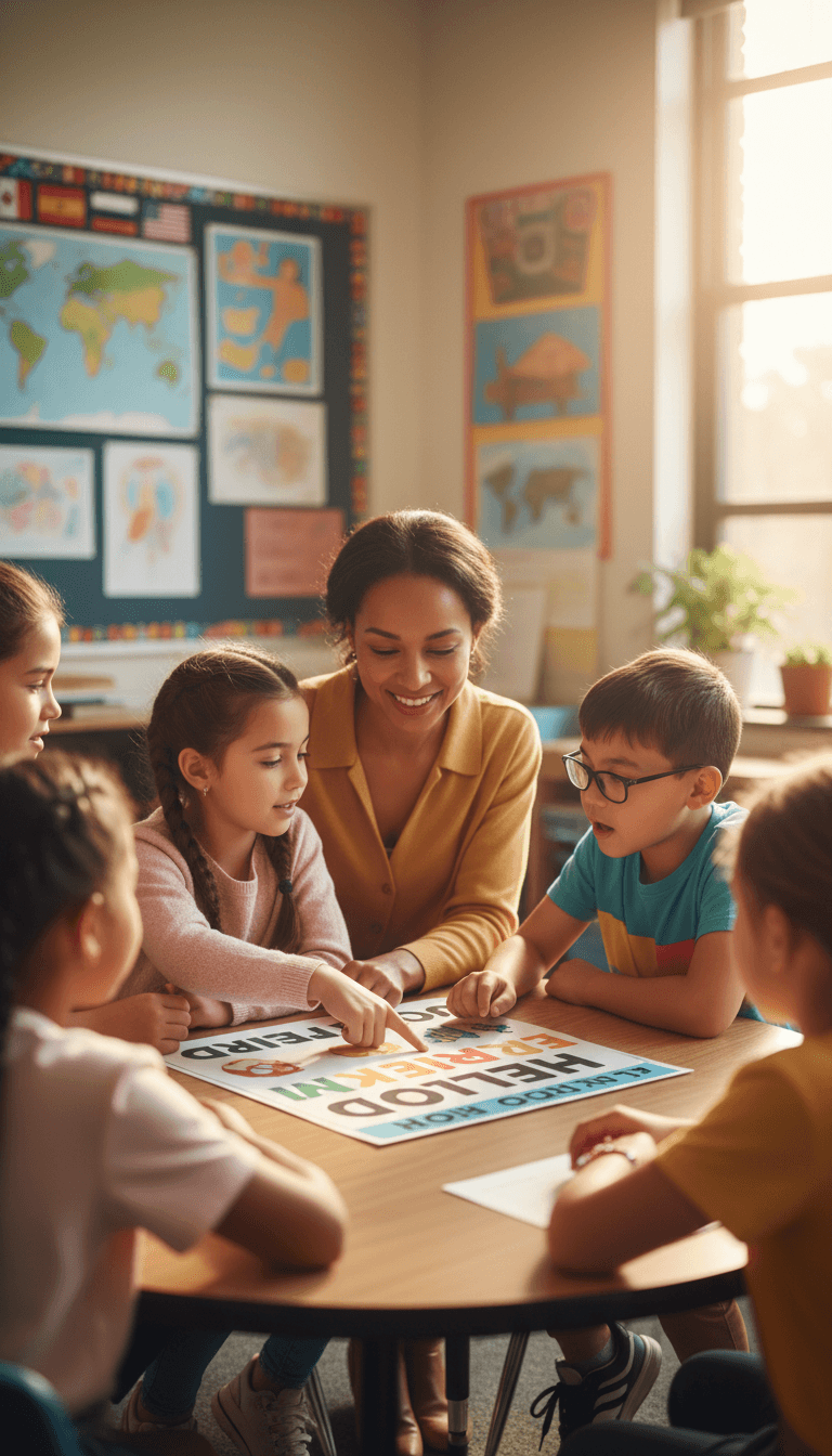 Students and teacher engaged in interactive ESL learning activity in classroom