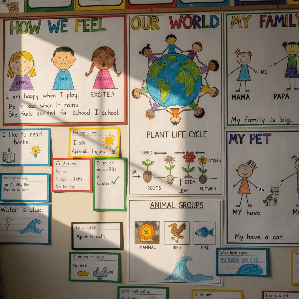 Student-created anchor charts and language displays