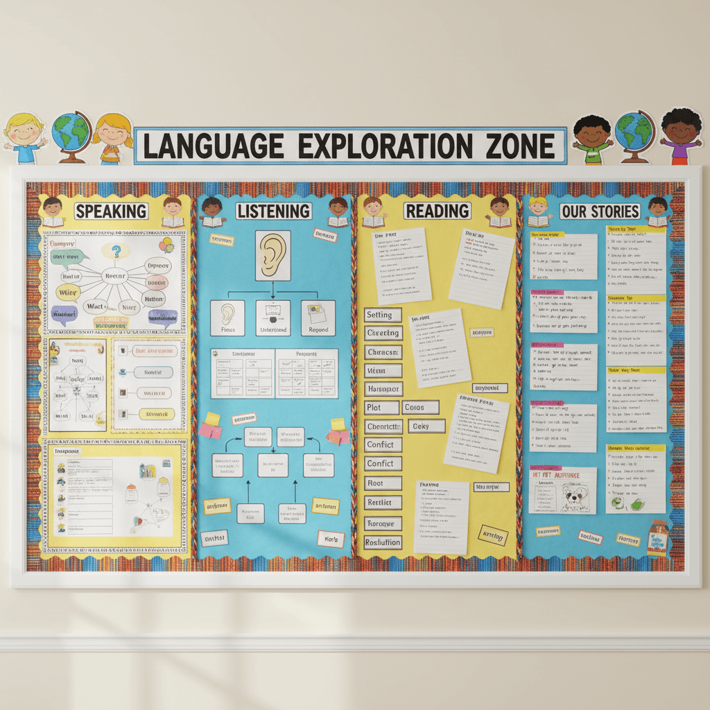 Classroom language development display with student work and vocabulary supports