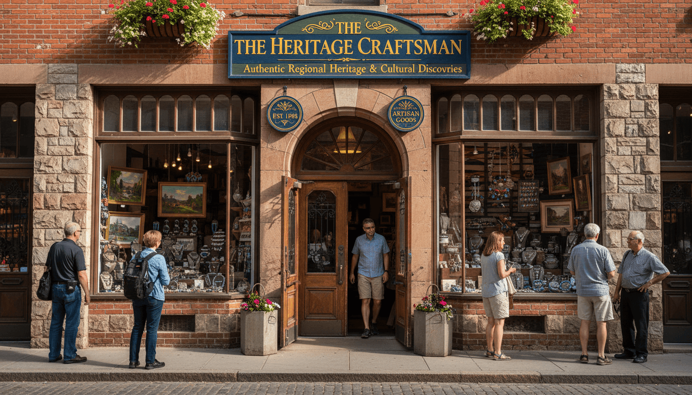 Historic storefront exterior showcasing handcrafted regional merchandise in window displays with heritage architecture