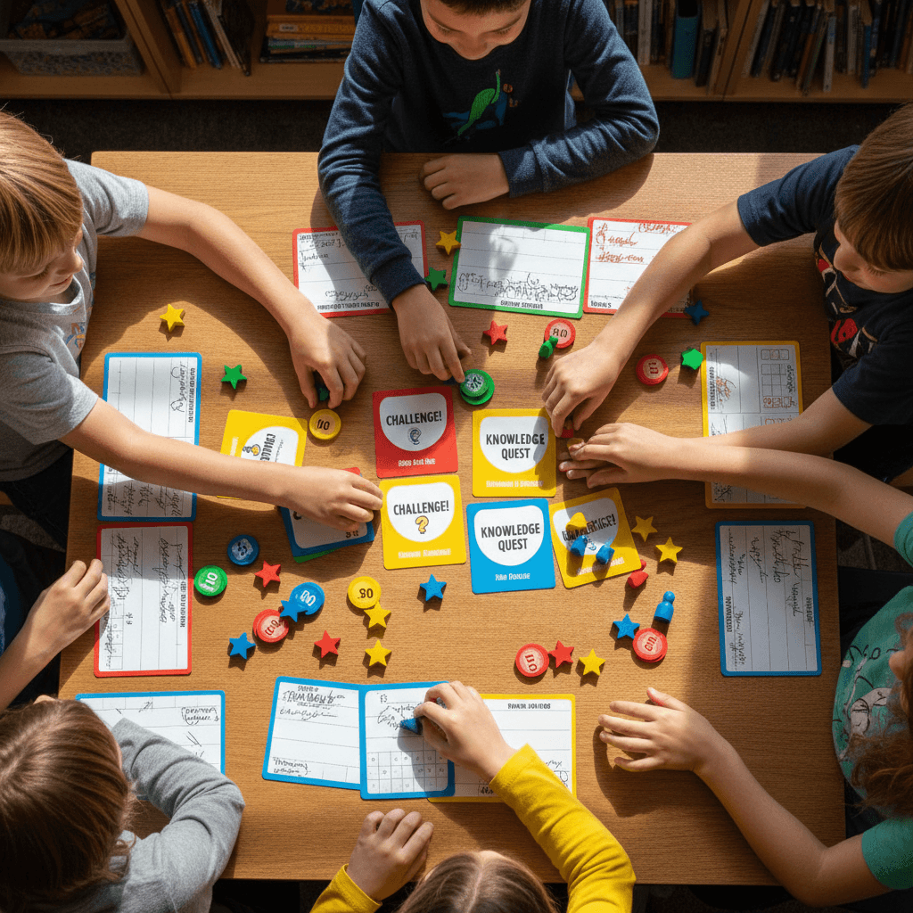 Overhead view of diverse children's hands reaching for colorful game pieces and tokens on competition board game