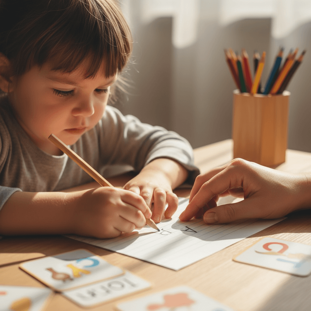 Young child writing letters on paper with educator's hand providing gentle guidance and support