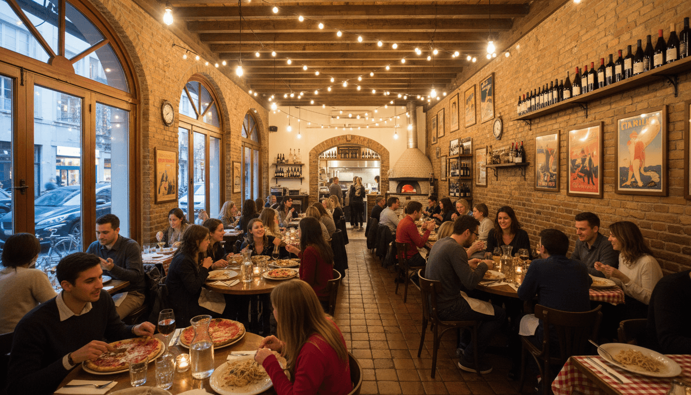 Warm, inviting Italian pizzeria dining room with diverse guests, rustic brick walls, string lights, and communal wooden tables