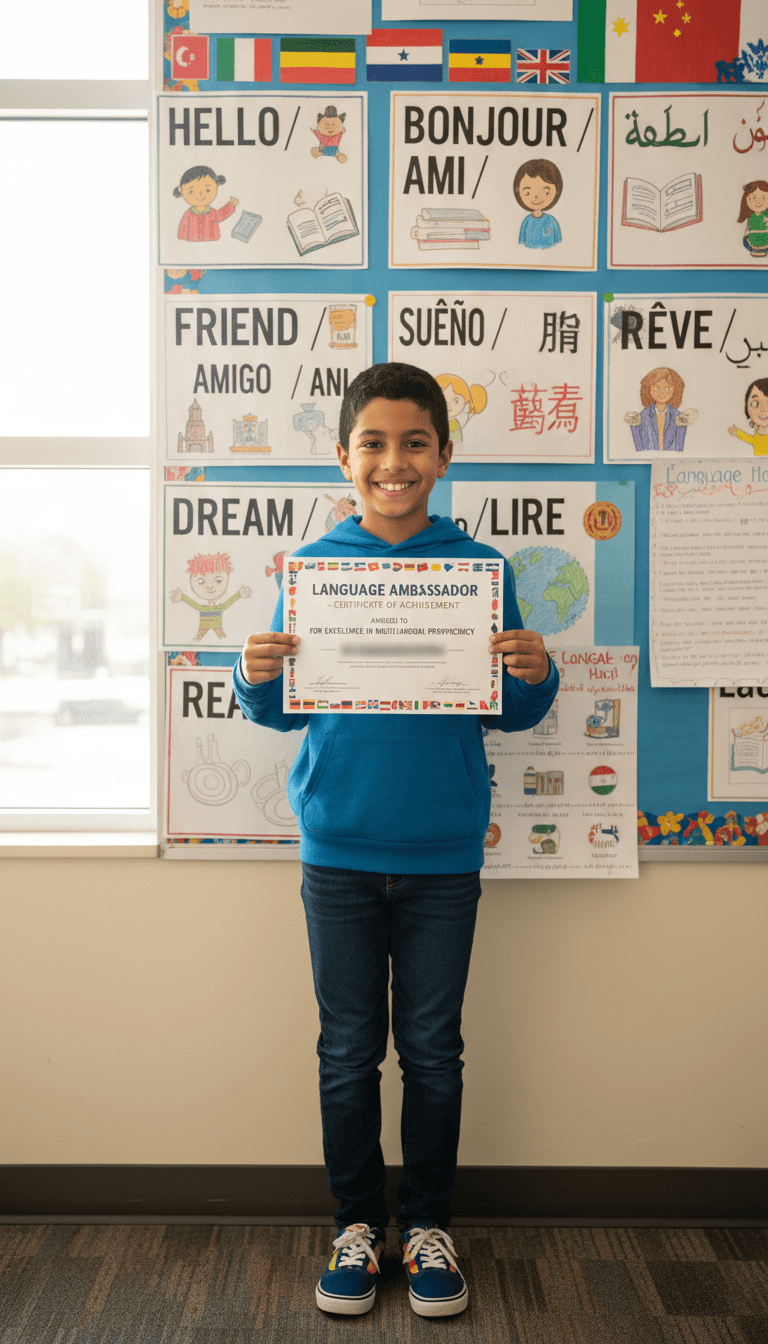 Confident multilingual student standing proudly in front of classroom word wall displaying vocabulary in multiple languages