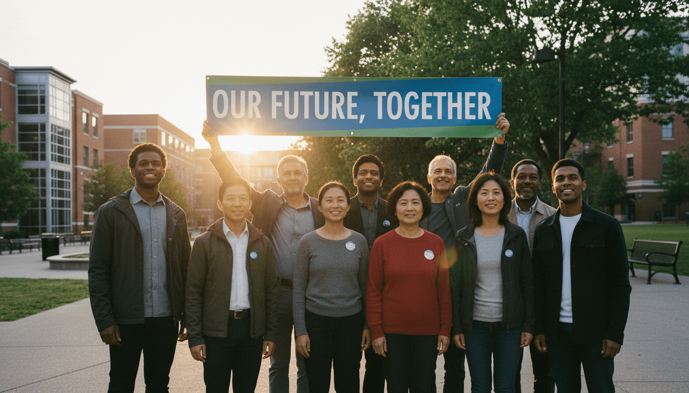 Diverse, multi-generational group of campaign supporters standing united in community space