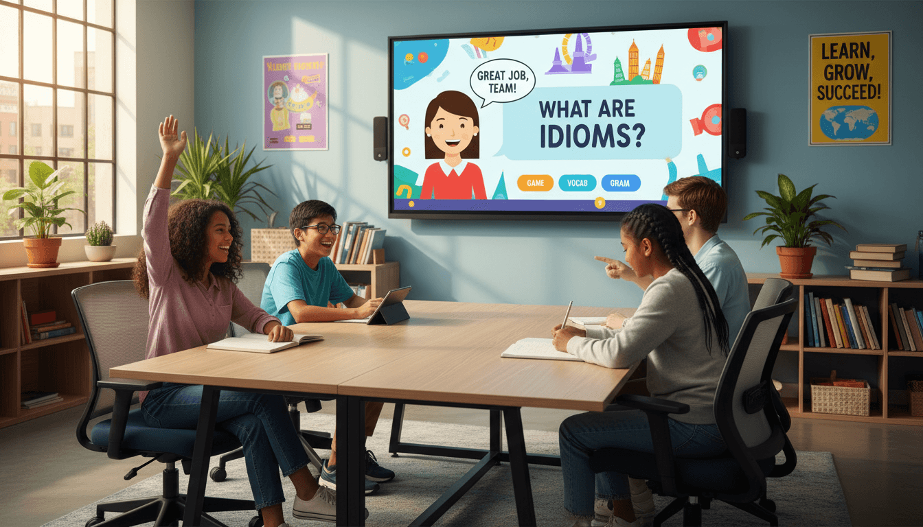 Diverse group of teenage students collaboratively learning English, actively engaged during interactive online lesson displayed on monitor