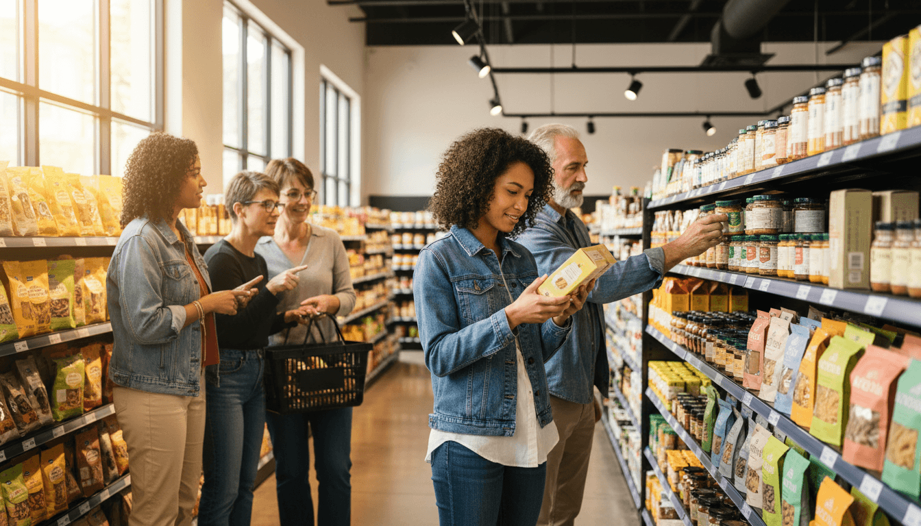 Diverse group of customers shopping in supermarket aisle, examining and selecting packaged specialty food products