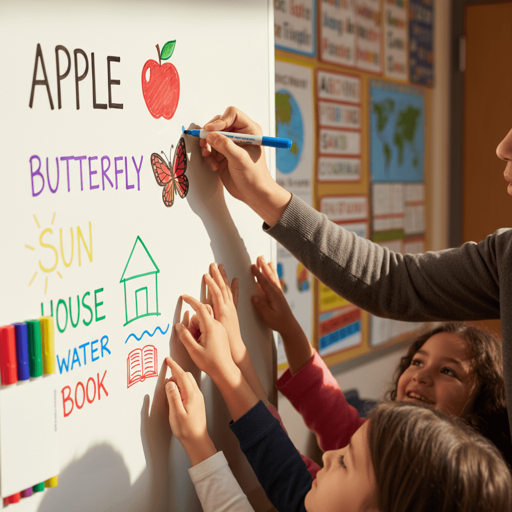 ESL instructor writing vocabulary words on whiteboard with diverse elementary students actively engaged and learning