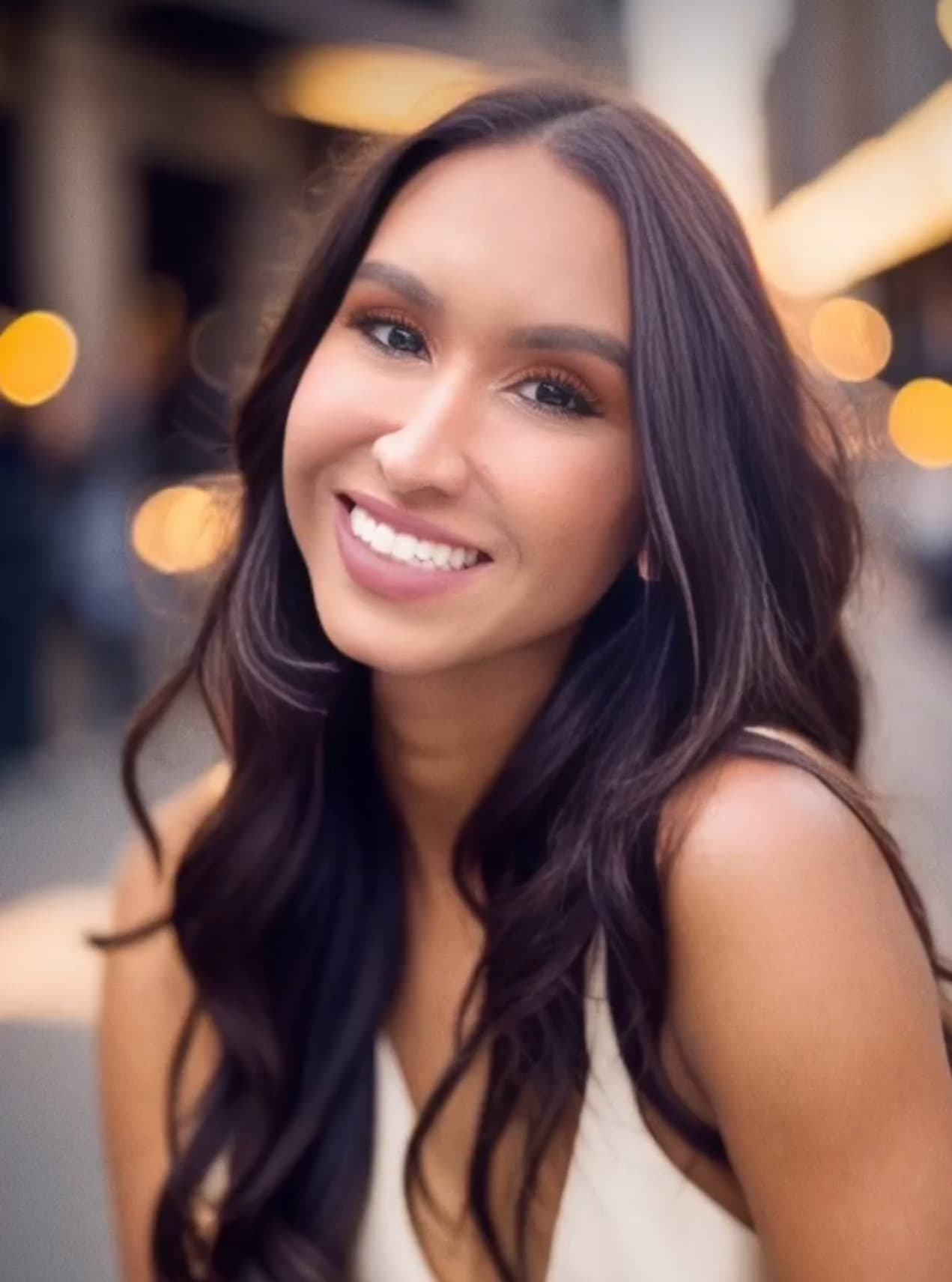 Smiling young woman with long dark wavy hair, warm skin, and blurred background lights.